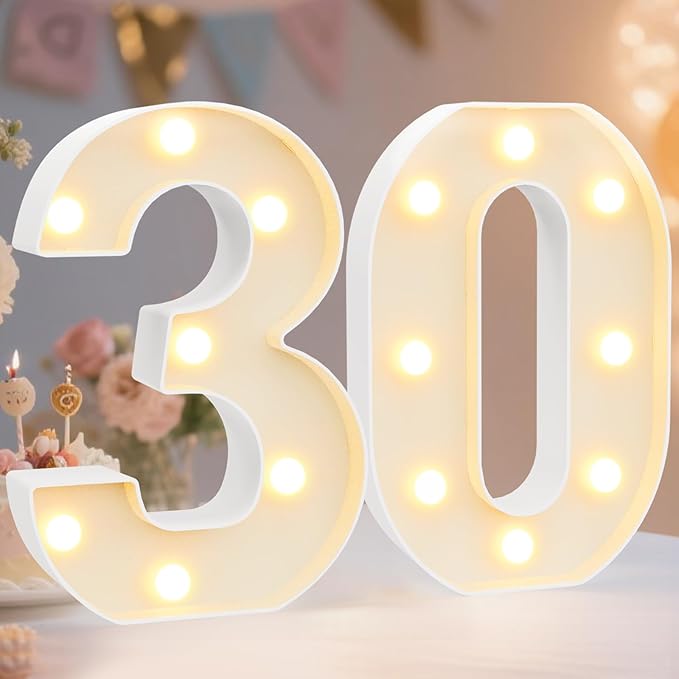 Pooqla 30th Birthday Decorations for Her Him, Light Up Number 30 for Party Table Decorations, 30th Birthday Gift for Women Men, Backdrop Wall Decor for 30th Wedding Anniversary Decoration