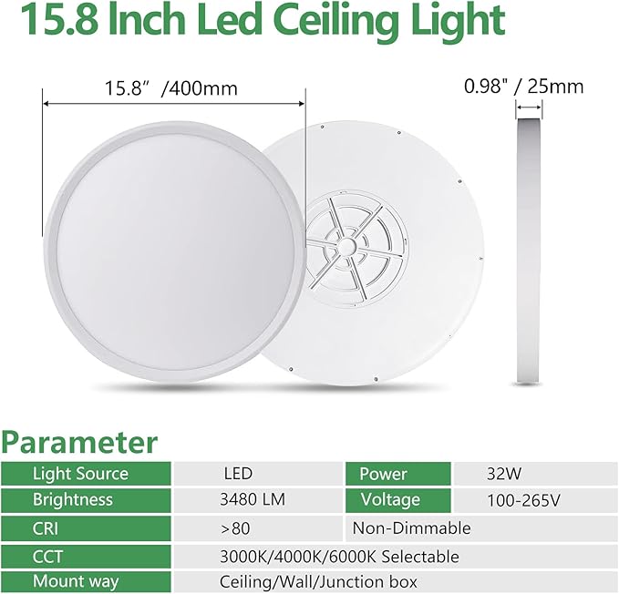 6PK 15.8 Inch LED Flush Mount Ceiling Light, 32W, 3480LM, 3000K/4000K/6000K CCT Selectable, Round Flat Panel Light Low Profile Ceiling Light Fitures for Hallway, Kitchen, Bedroom, Laundry Room, White