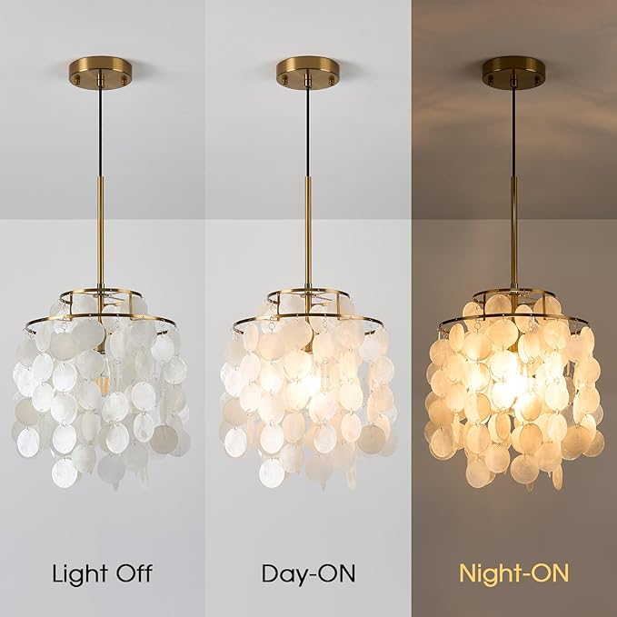 White Shell Pendant Lights, Brushed Brass Coastal Seashell Chandelier Metal 2 Tiers Ceiling Hanging Light Fixture for Kitchen Island Dining Room Entryway Bedroom Foyer, E26 Socket