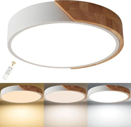 Flush Mount Ceiling Light, Ceiling Light Fixture Minimalist Wood 30W, Dimmable 3000K/4000K/6500K with Remote, 15.7 inch Modern Light Fixture Ceiling for Kitchen Bedroom Hallway Living Room