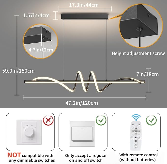 Modern LED Pendant Lights, Ceiling Chandelier Dimmable with Remote Control 3000k-6000K Adjustable Color Temperature, Aluminum Island Lighting Lamp Fixture for Kitchen, Dining Room(47in Black)