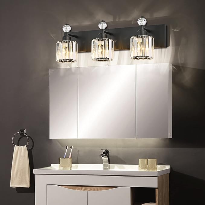 PRESDE Crystal 3 Light Bathroom Vanity Lights Modern Matte Black Bathroom Lights Fixtures Over Mirror Wall Lamp for Bath Bedroom Hallway