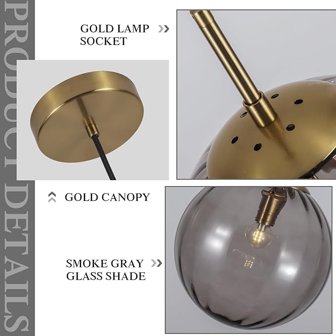 KCO Lighting Modern Large Globe Pendant Light Fixture Mid Century Smoke Grey Glass Pendant Light Vintage Hanging Lights Single Gold Globe Chandelier Kitchen Island Lighting (Smoke Gray-9.8”)