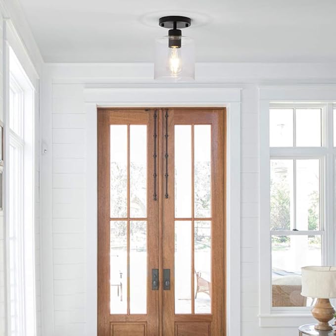 Black Modern Semi Flush Mount Ceiling Light,Rustic Ceiling Light Fixture for Closet Hallway Entryway,Matte Black Finish (1 Pack)