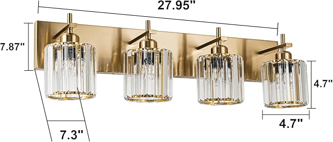 Modern Crystal Bathroom Vanity Lights, Gold 4-Lights Bathroom Light Fixtures Over Mirror, Crystal Wall Lighting with Polished Gold Finish