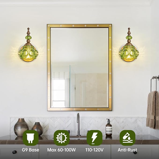 2-Pack Wall Sconces Green + Brass Bathroom Vanity Lighting Fixtures, Vintage Vanity Light Rust-Proof and Durable for Bedroom Living Room Hallway