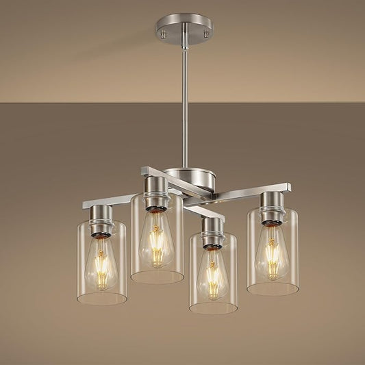4-Light Brushed Nickel Dining Room Light Fixture, Modern Industrial Kitchen Chandelier Over Table, Adjustable Height Hanging Pendant Light for Kitchen Island, Entryway with Clear Glass Shade