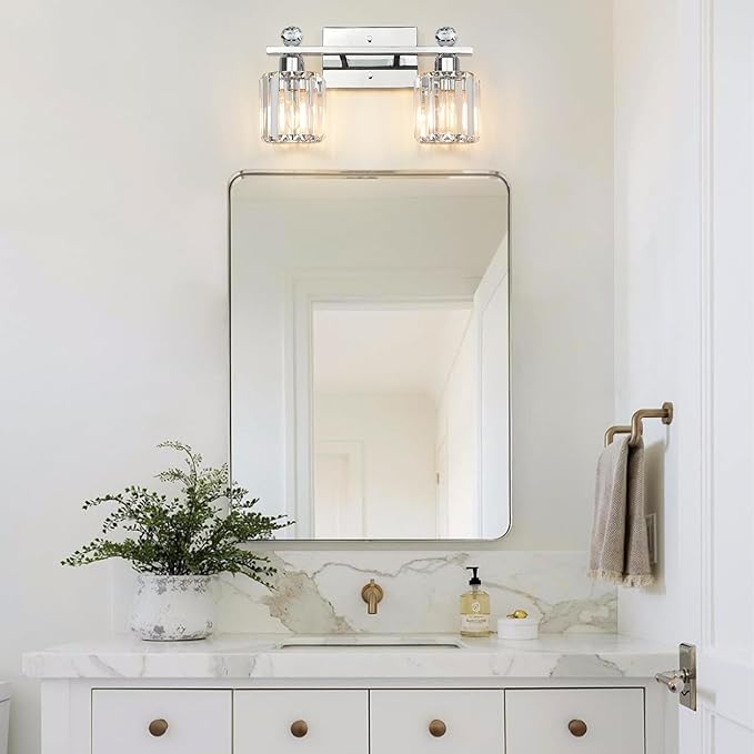 2-Light Silvery Bathroom Light Fixtures,Modern Bathroom Vanity Lights Fixture with Clear Crystal Glass Shade,Brushed Silvery Bath Wall Mount Lights, Light Fixtures for Bedroom Living Room