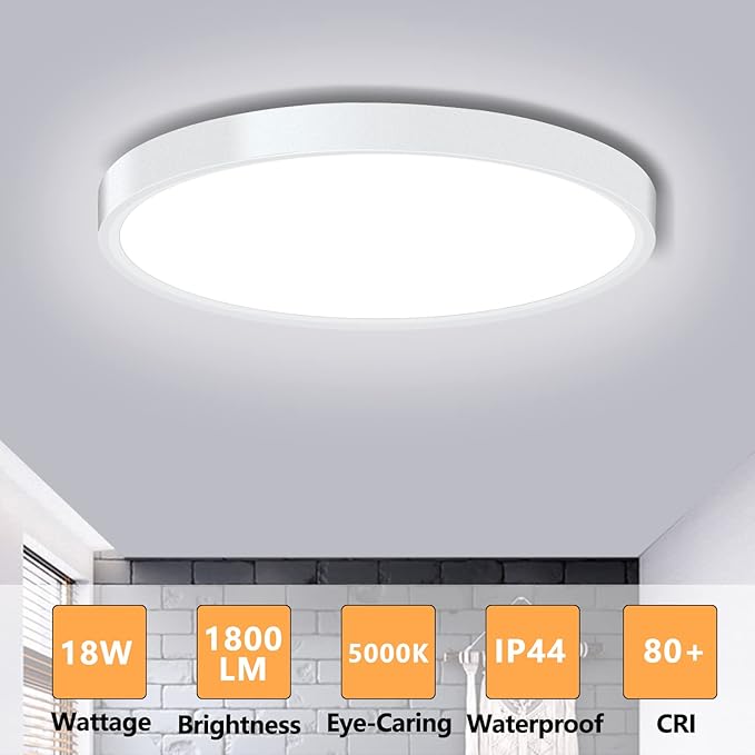 LED Ceiling Light Fixture Flush Mount, 9inch Modern LED Ceiling Light, 18W 5000K, Low Profile Slim Flat Surface Mount Ceiling Lights for Bedroom Kitchen Hallway Laundry Stairwell Basement Closet White