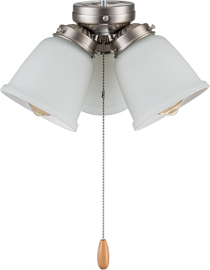 Aspen Creative 22011-2, Three-Light Ceiling Fan Light Kit with Pull Chain, Brushed Nickel Finish with Frosted Glass Shades, 13" Diameter x 6-3/4" Height