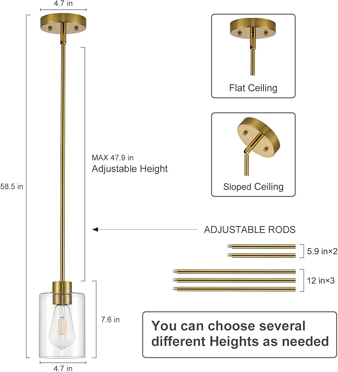 Modern Farmhouse Brass Gold Pendant Lights, Mini Hanging Light Fixture with Clear Glass Shade, Adjustable Rods for Kitchen Island, Sink, Bar (1 Pack)