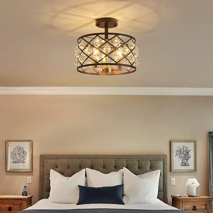 AGV LIGHTING CH013BB Farmhouse Semi Flush Mount Ceiling Light Fixture, E12 Base 3-Lights, D13 x H12, Matte Black & Light Gold Finish