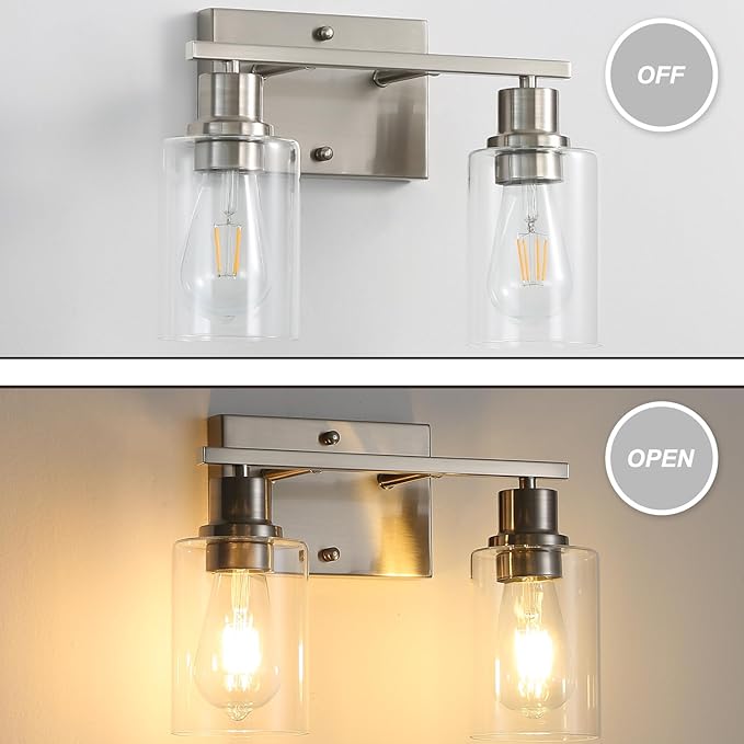 Farmhouse Wall Sconces 2-Lights Brushed Nickel Bathroom Vanity Light Fixtures,Classic Wall Lights with Clear Glass Shades, Modern Wall Lighting for Mirror,Bedroom,Living Room