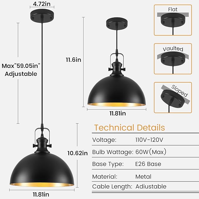 Black Pendant Lights Kitchen Island 2 Pack, Farmhouse Kitchen Pendant Lights, 11.8 inches Dome Pendant Light Fixtures, Industrial Vintage Light Fixture for Kitchen Island Dining Room