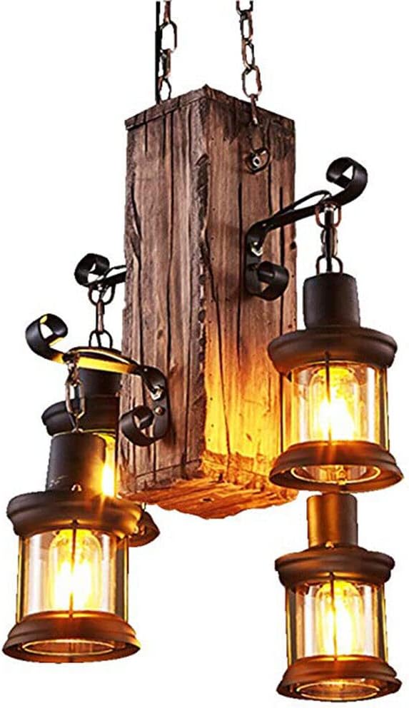 4 Lights Wooden Hanging Pendant Light, Industrial Vintage Wood Ceiling Light Hanging, Retro Rustic Country Chandelier Dinning Table Lamp Suspension Lighting Fixture for Coffee Shop Restaurant