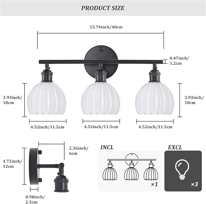 Shenmoyl Bathroom Light Fixtures, 3-Light Black Vanity wall Light Over Mirror with White Tulip Glass Shade for Bedroom Living Room (Bulb Not Included)