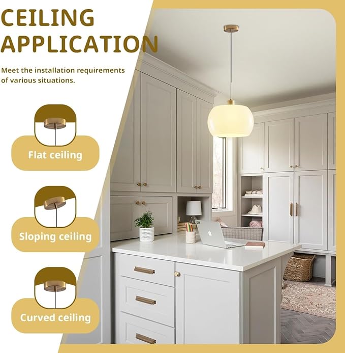Mid Century Chandelier Light 3 Pack Kitchen Island Light Fixtures Milk Yellow Glass Shade Gold Adjustable Flush Mount Light for Living Room Entryway Bedroom