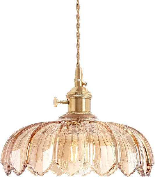 Shenmoyl Pendant Light with Amber Scindapsus Glass Lmapshade, Brass Vintage Pendant Light Adjustable Hanging Light for Kitchen Island Dining Room Hallway