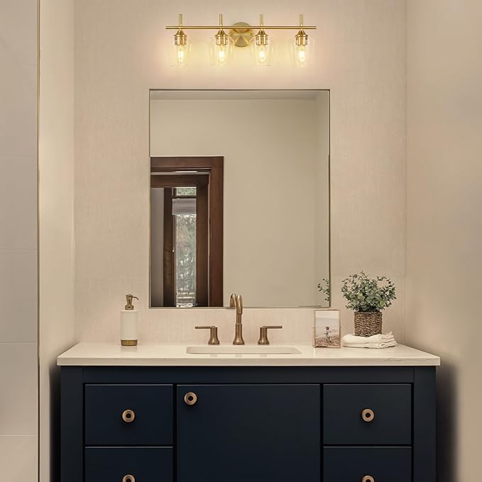 Bathroom Light Fixtures 4-Light Brushed Nickel Bathroom Vanity Light with Clear Glass Shade, Modern Wall Lights for Bedroom Hallway Living Room (Gold, 4-Light)