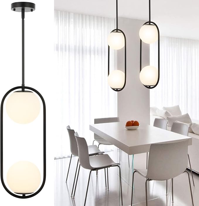 BYOLIIMA 2-Lights Modern Globe Chandelier Mid Century Pendant Light Matte Black Ceiling Hanging Lighting Fixture with White Globe Glass Lampshade for Kitchen Island Dining Room Bedroom