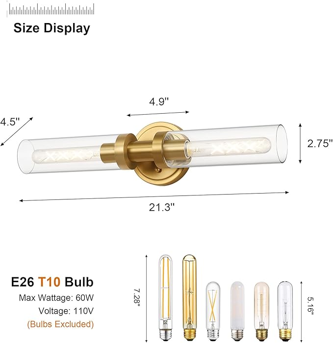 SANTOSTOCK Hardwired Wall Sconces Set of 2, Brushed Gold Bathroom Wall Sconces Vanity Light Fixture with Clear Glass, Modern Farmhouse Wall Lights for Bathroom Mirror Living Room Hallway Kitchen