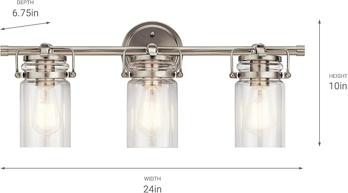 Kichler Brinley 24" Vanity Light in Brushed Nickel, 3-Light Farmhouse Bathroom Vanity Light with Clear Glass, (24" W x 10" H), 45689NI