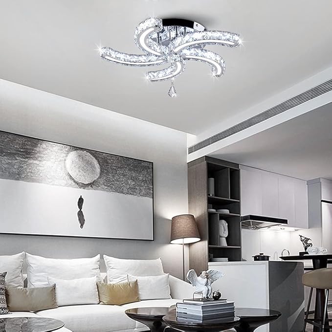 Finktonglan 19.7" Multi-Color Crystal Semi Flush Mount Ceiling Light, 5-Light LED Chandelier, 3-Color Switch (Warm/Neutral/Cool), K9 Crystal & Acrylic, 25W, Modern Ceiling Lighting Fixture