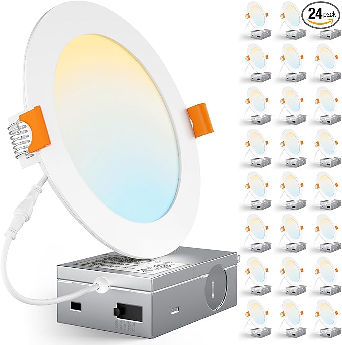 CHARKEE 24 Pack 6 Inch 5CCT Ultra-Thin LED Recessed Ceiling Light with Junction Box, 2700K-5000K, 1050LM High Brightness, Dimmable Canless Wafer Downlight,12W Eqv 110W, ETL & Energy Star & FCC