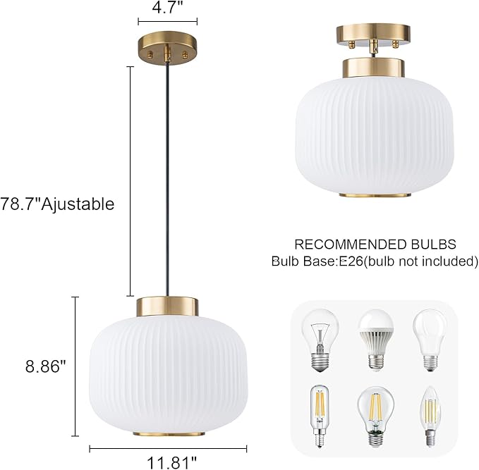 EDSILIVE White Glass Pendant Lights Kitchen Island 11.81" Antique Lantern White Glass Hanging Ceiling Light Fixture with Adjustable Wire for Dining Room Kitchen Table, Gold White