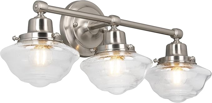 Design House Vintage-Inspired Schoolhouse 3-Light Dimmable Vanity Light, 23.125 in x 7.625 in x 9.5 in, Satin Nickel, Clear Seeded Glass Shades, 589143-SN