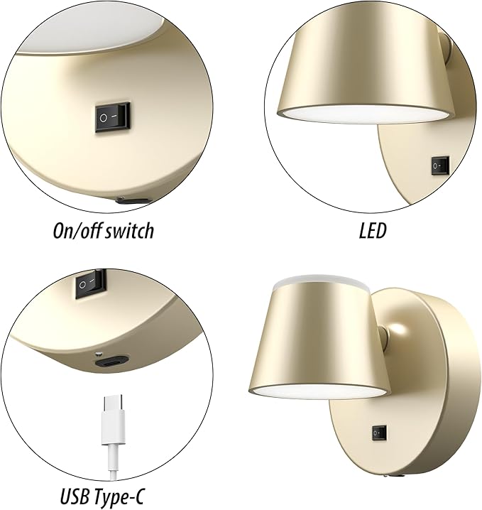 URSOLA Battery Operated Wall Sconce with Remote, LED Rechargeable Battery Wall Light with 9000mAh 3CCT and Dimmable Magnetic 360° Rotation Cordless Light for Bedroom（Champaign）