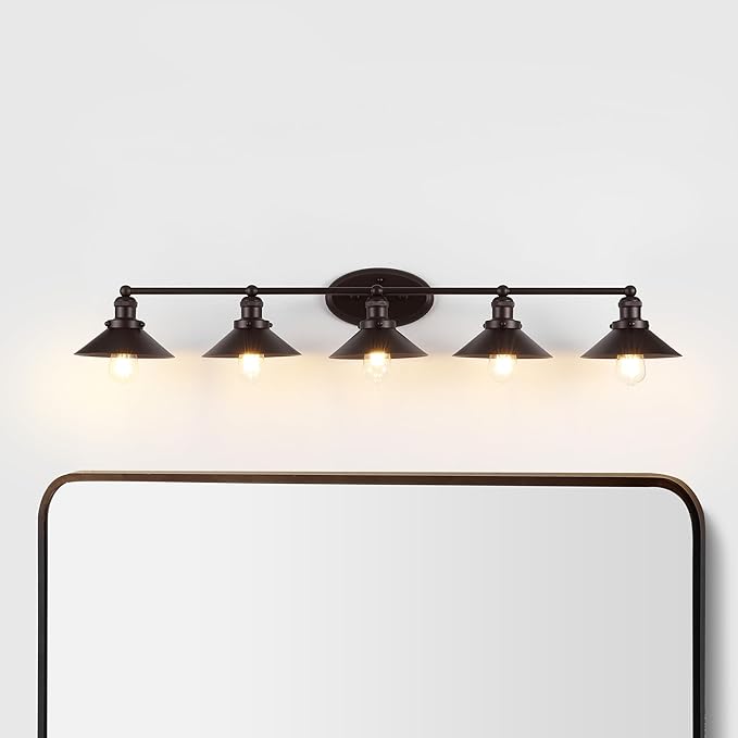 JONATHAN Y 46" Oil Rubbed Bronze 5-Light Industrial Farmhouse Metal Vanity Light Wall Sconce, Metal Shade for Bathroom Mirror, Kitchen, Entryway, LED Bulb Included (JYL7905A)