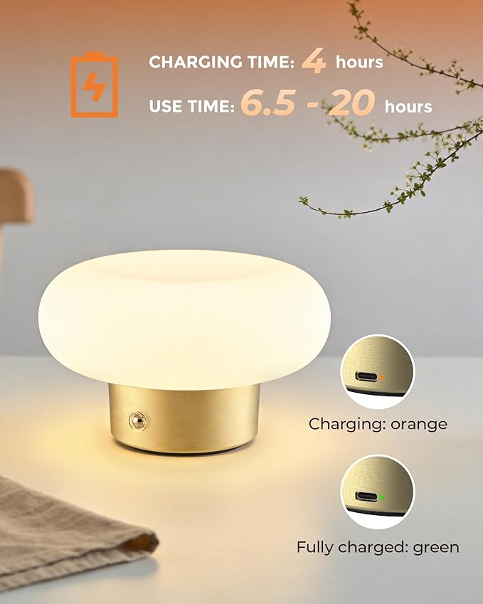 Cordless Table Lamp, Gold Rechargeable Battery Operated Lamp, Stepless Dimming Touch Lamp with Glass Lampshade for Bedroom, Living Room, Dining Table, Nightstand