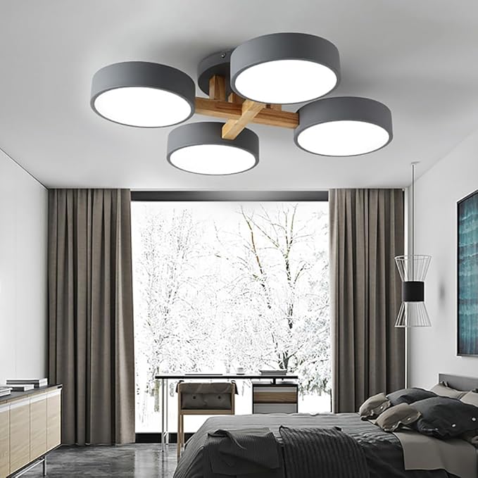 LED Ceiling Light Fixture,24 Inch 4-Lights Modern Ceiling Lights Flush Mount Wooden 44W Chandelier for Living Room Bedroom Kitchen,Dimmable 3000K/4000K/6000K Temperatures Selectable, Grey