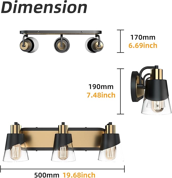 URSOLA Bathroom Vanity Light, 3 Lights Bathroom Light Fixtures, 19.7 inch Bathroom Light Fixtures Over Mirror Black and Gold, with Bevelled Edge and Clear Glass Shade Wall Lamp