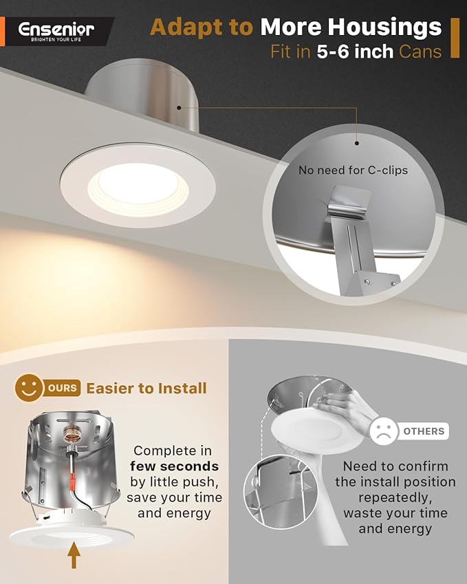 Ensenior 5/6 Inch 5CCT LED Can Lights 6 Pack, Retrofit Led Recessed Lighting, Baffle Trim, Dimmable, 9W=110W, 1000LM, 2700K/3000K/3500K/4000K/5000K Selectable, IC Rated - ETL & FCC