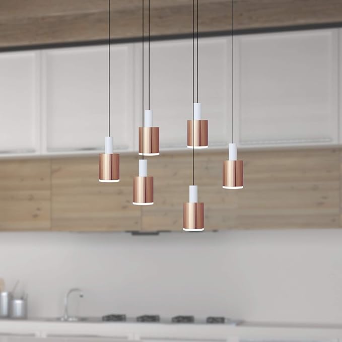 Virgo 6 Mini Pendant Lighting White-Copper - LED Hanging Light Fixture for Kitchen Island, Bar, Foyer - Cluster Pendants - Dimmable, Adjustable Wire, Lamp Bulb Included