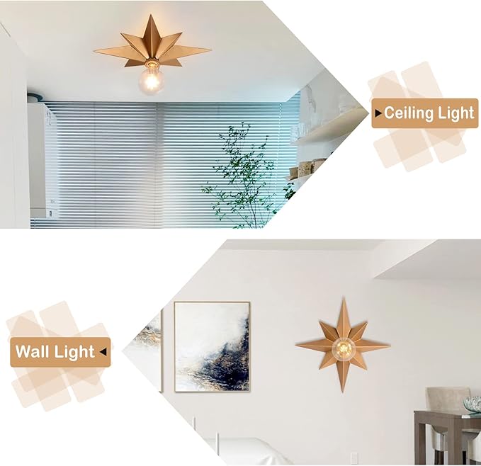16 inch Flush Mount Ceiling Light, Gold Star Light Fixture, Farmhouse Star Ceiling Light, Vintage Flush Lighting Ceiling for Hallway, Entryway, Study, Bedroom, Stair, Foyer, Kitchen, Bathroom - Metal