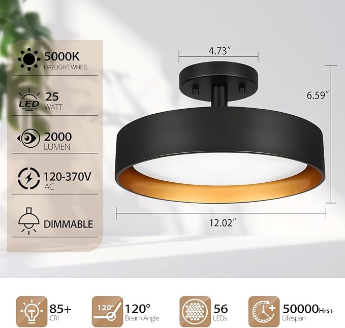 SunRider Semi Flush Mount Ceiling Lights, 12 Inch 25W LED Ceiling Light Fixture Black for Hallway Kitchen, Gold Inside, 5000K Daylight White, Dimmable