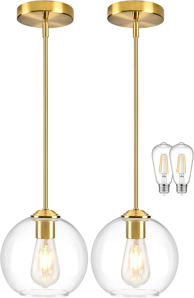 7 Inch Brass 2-Pack Modern Pendant Lights Kitchen Island Mid Century Modern Pendant Light Fixtures with Clear Glass Globe Modern Hanging Pendant Light for Bathroom Bedroom （Bulb Incl）