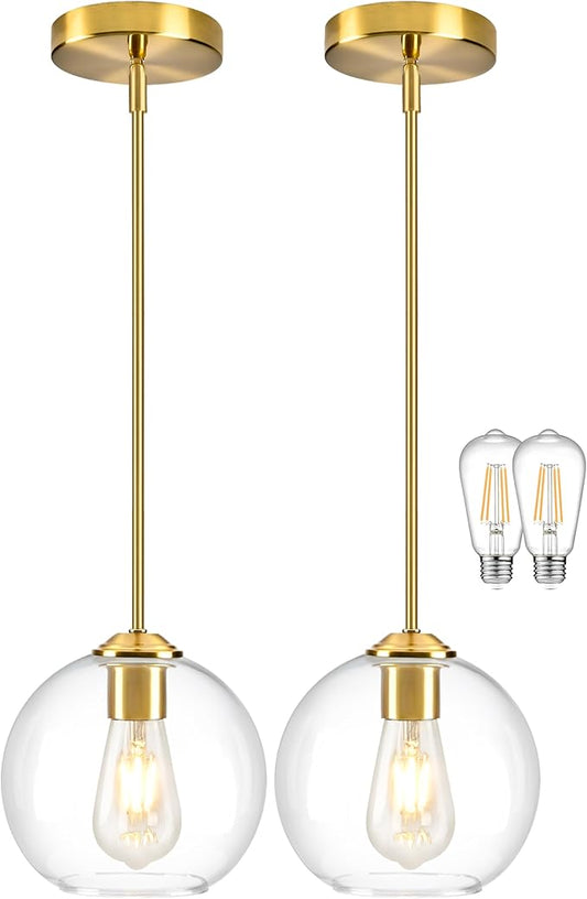 7 Inch Brass 2-Pack Modern Pendant Lights Kitchen Island Mid Century Modern Pendant Light Fixtures with Clear Glass Globe Modern Hanging Pendant Light for Bathroom Bedroom （Bulb Incl）