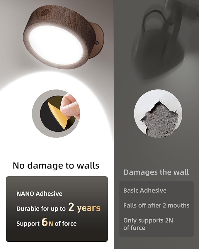 EZVALO LED Wall Mounted Light, 3000mAh Rechargeable Cordless Wall Sconce, Dimmable with Remote & Touch Control, 3 Color Temps, 360° Rotatable for Bedroom, Bedside, Reading(Walnut, 3Pack)