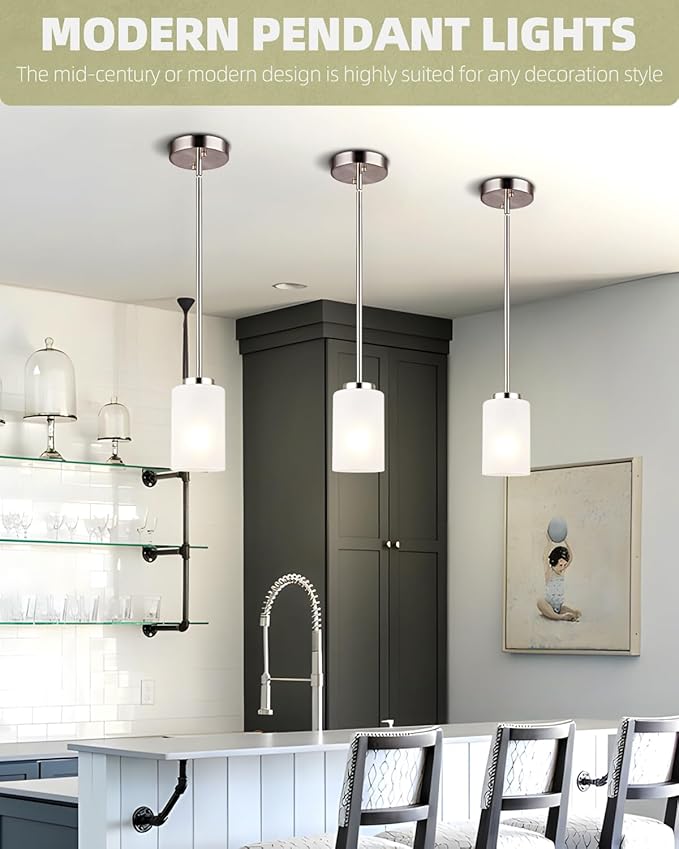 2 Pack Pendant Light Fixtures, Adjustable Brushed Nickel Hanging Ceiling Lights with White Frosted Glass Shades, House Indoor Light for Kitchen Island Bedroom