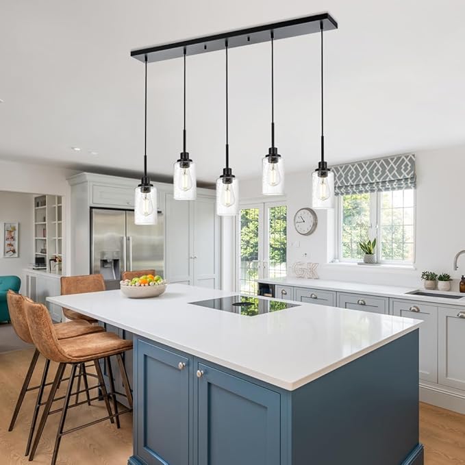 TODOLUZ 5-Lights Pendant Light Fixtures, Kitchen Island Lighting with Adjustable Cord, Hanging Ceiling Lamp Seeded Glass for Dining Room Pool Table