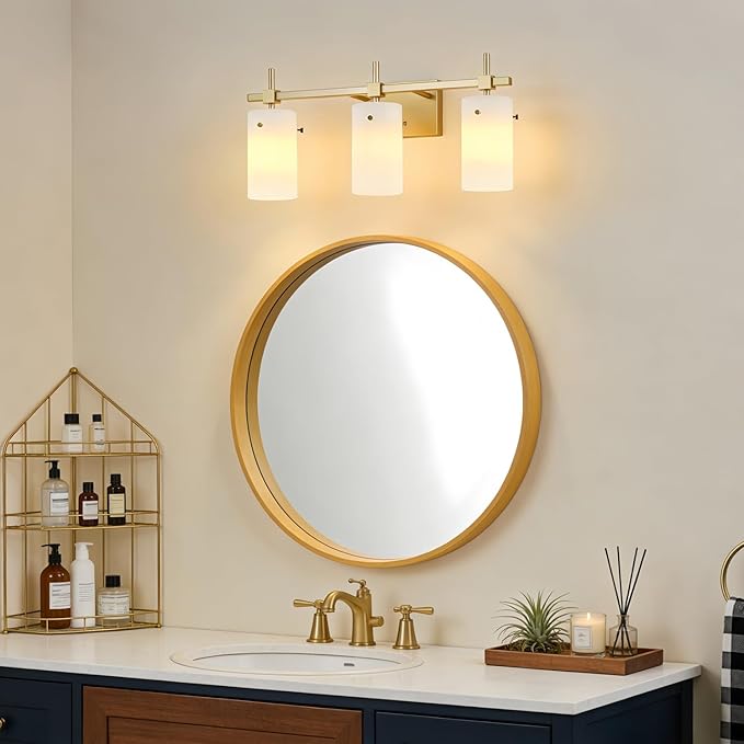 SOLFART 3-Light Bathroom Vanity Light, Modern Brushed Gold Wall Lights with Milky White Clear Glass Shades, Bathroom Wall Sconce Lamp for Mirror Living Room Bedroom Hallway (Bulbs Not Included)