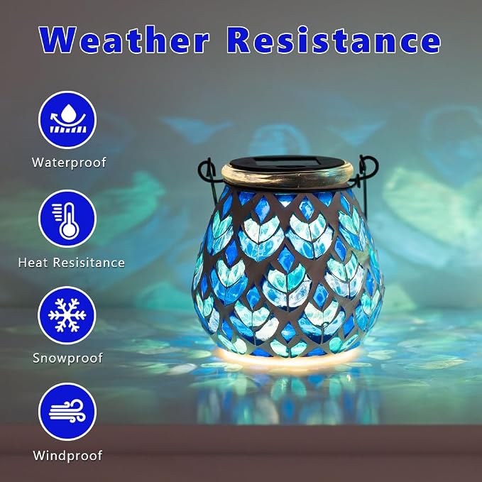 Stargarden 4 Pack Mosaic Solar Lanterns, Blue Glass Hanging Lantern Waterproof Outdoor Hanging Solar Lights Table Lamp for Garden ,Patio,Yard Decor