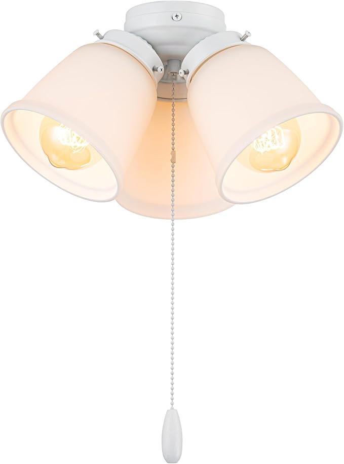 Aspen Creative 22013-2, Three-Light Ceiling Fan Light Kit with Pull Chain, Matte White Finish with Frosted Glass Shades, 13" Diameter x 6-3/4" Height