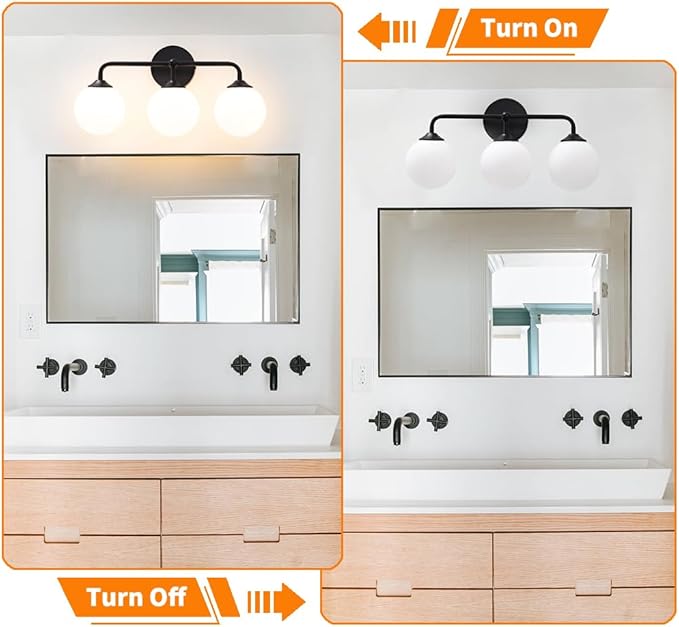Black Bathroom 3-Lights Vanity Light Fixtures, Minimalist Vanity Lights with Milky White Glass Shade, Modern Wall Sconces over Mirror, Wall Lamp for Bathroom Dressing Table Bedroom Living Room