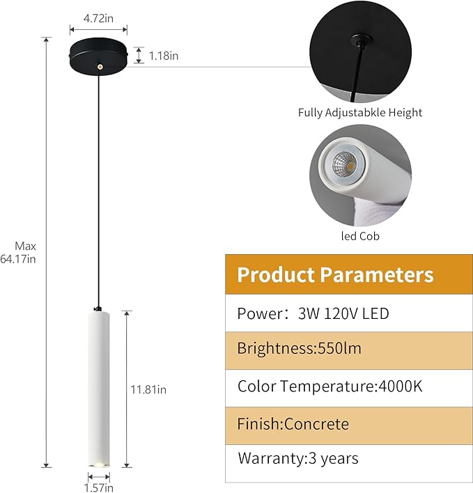 Concrete ﻿Linear White Pendant Light,Modern Industrial Hanging Cement Pendant Lighting Fixture for Kitchen Island Dinning Room Bedroom Bedside Table Pendant Lights(3-Pack)