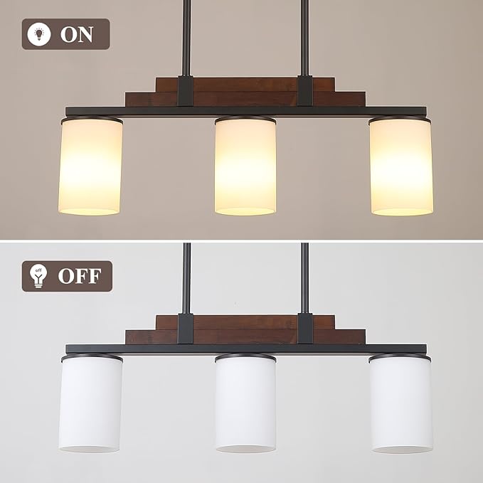 Farmhouse Wood Kitchen Island Lighting, 3-Light Adjustable Chandelier for Dining Room, Milk Glass Shade Dining Room Light Fixture Over Table, Black Hanging Pendant Lights for Kitchen, Pool Table